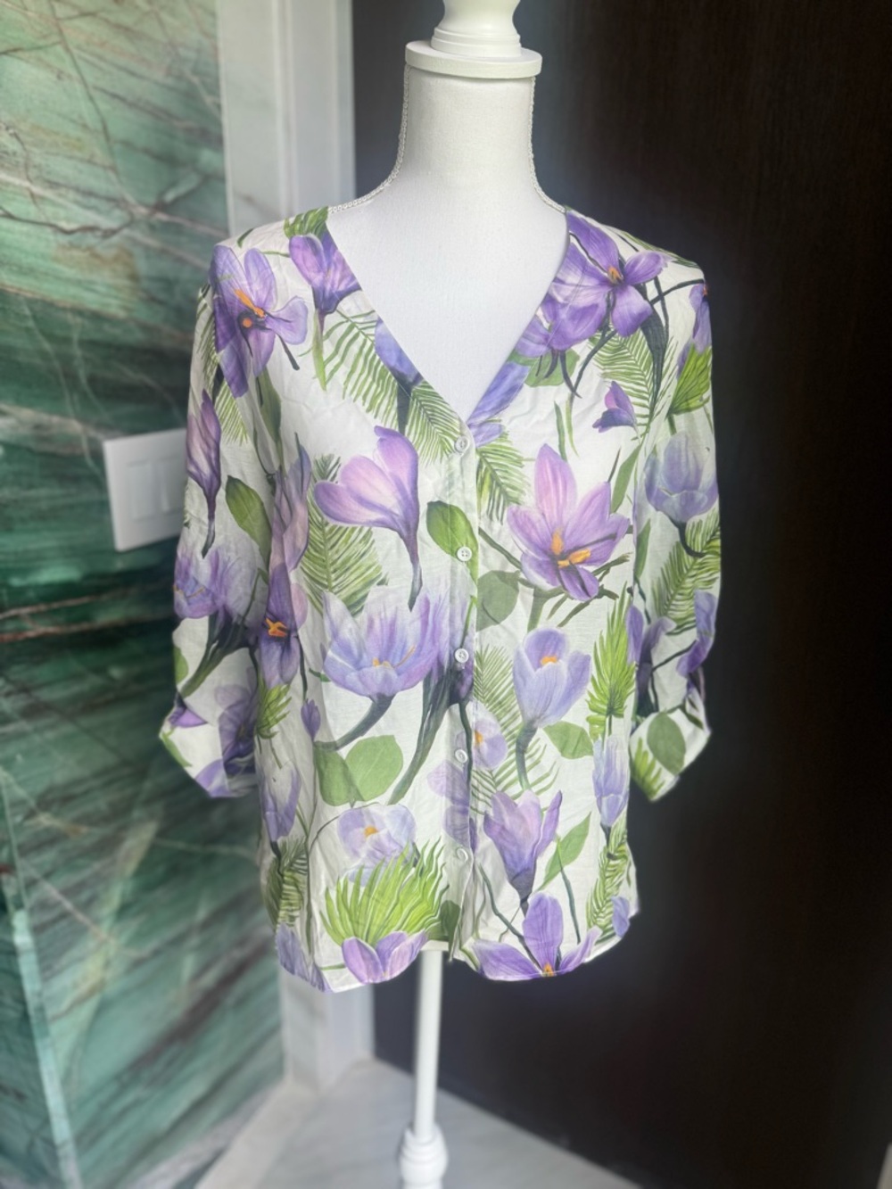 Alice + Olivia White Blouse with Purple Floral Print